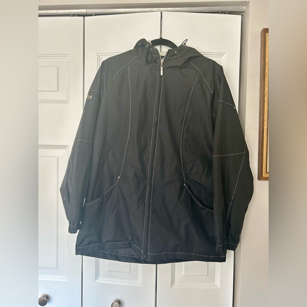 Free Country Radiance Woman's Hooded Black Sz L Rain Jacket W/ White Detailing